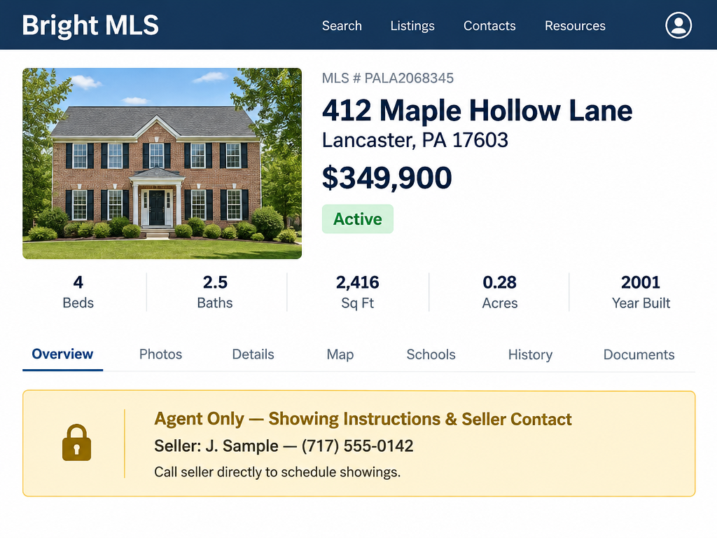 Illustration of an MLS listing screen showing the seller's contact details in an agent-only panel