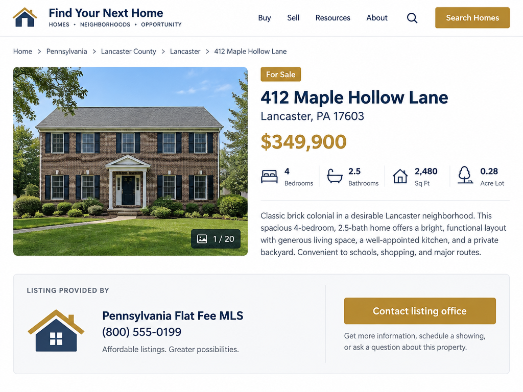 Illustration of a public real estate website showing the listing brokerage's contact information