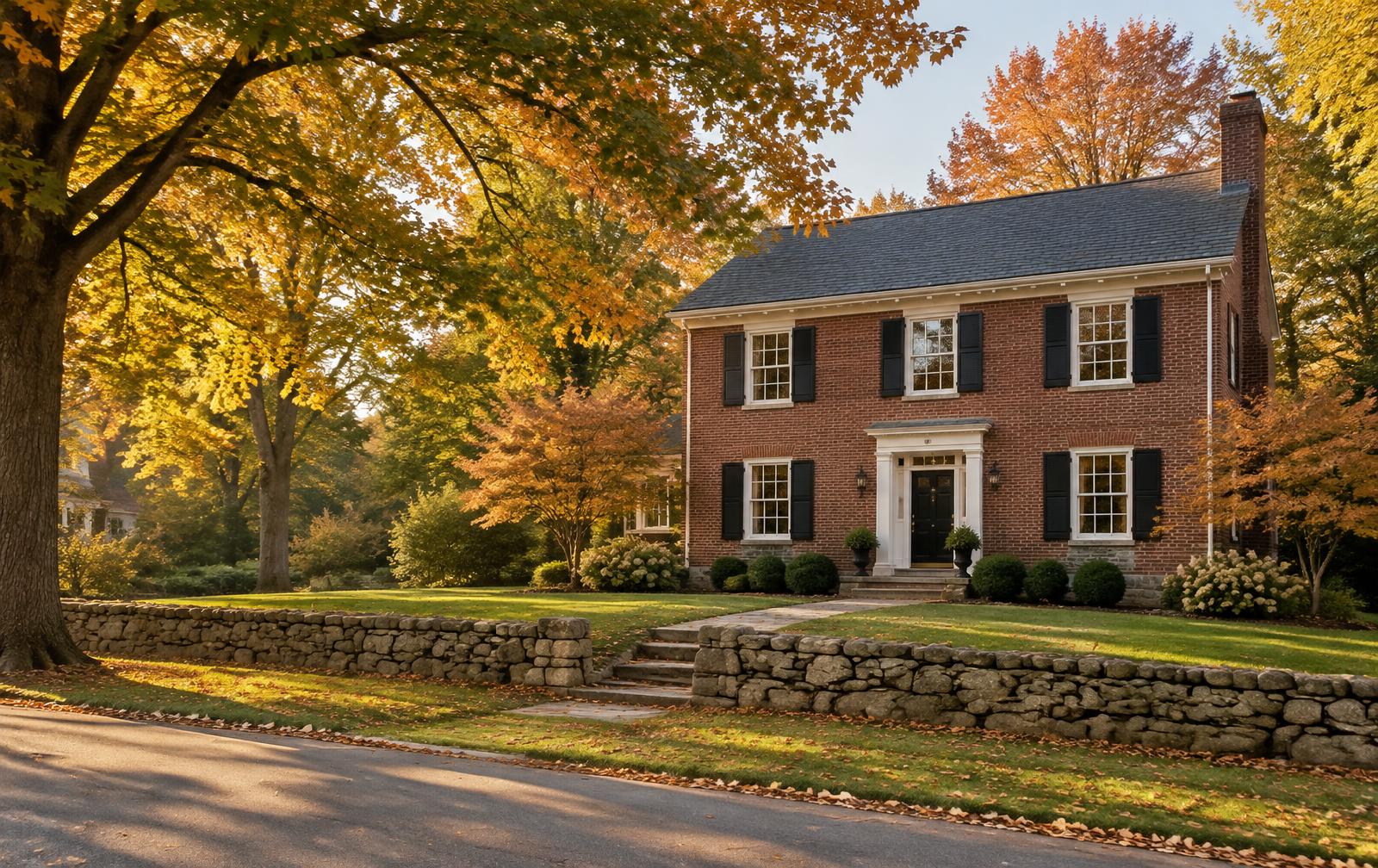 Traditional red brick home with mature autumn trees on a quiet Pennsylvania street