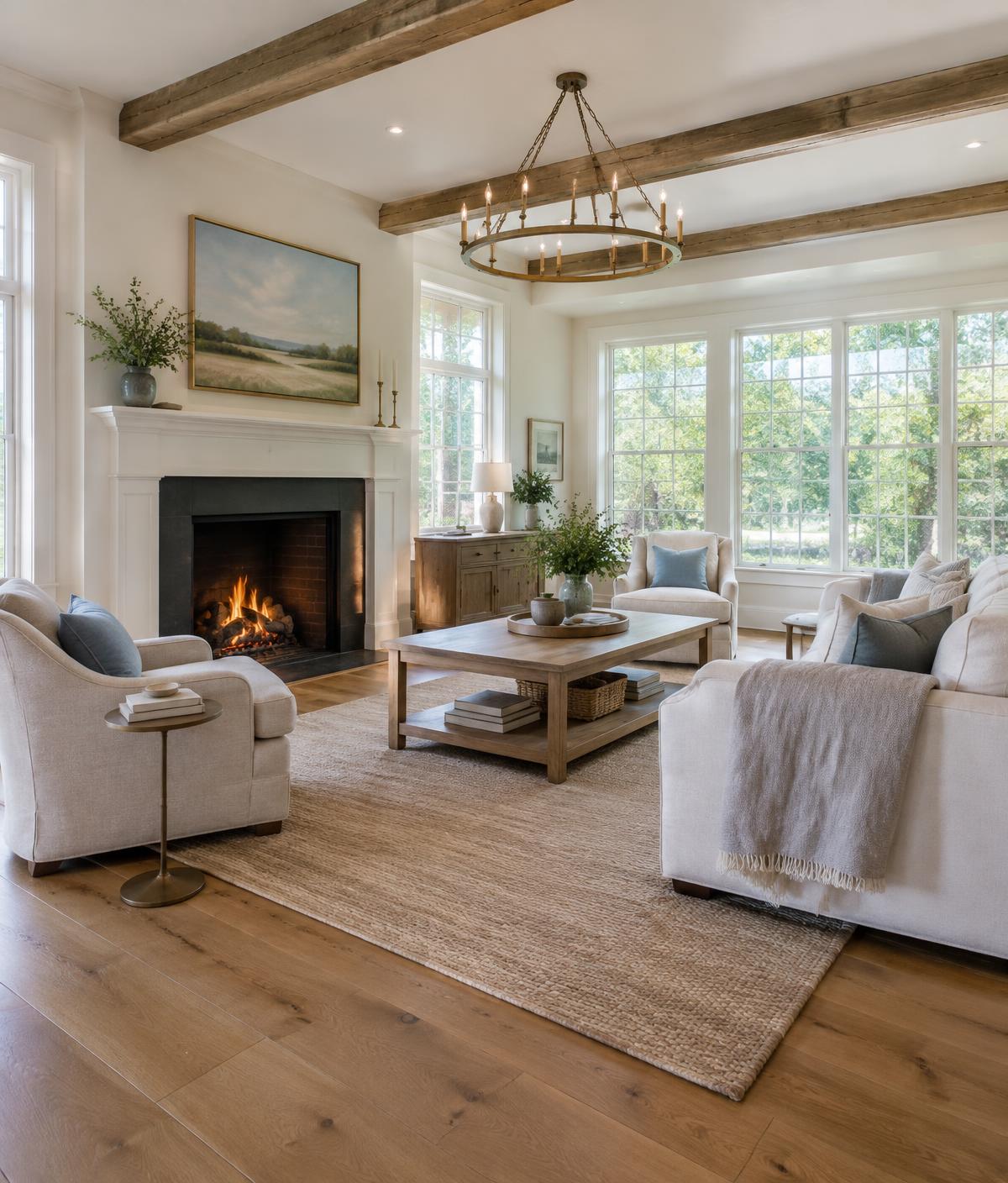 Bright Pennsylvania living room with fireplace staged for sale